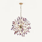 Purple agate Clérachic chandelier hanging from a chain on a cream backdrop, with violet and lilac slices.
