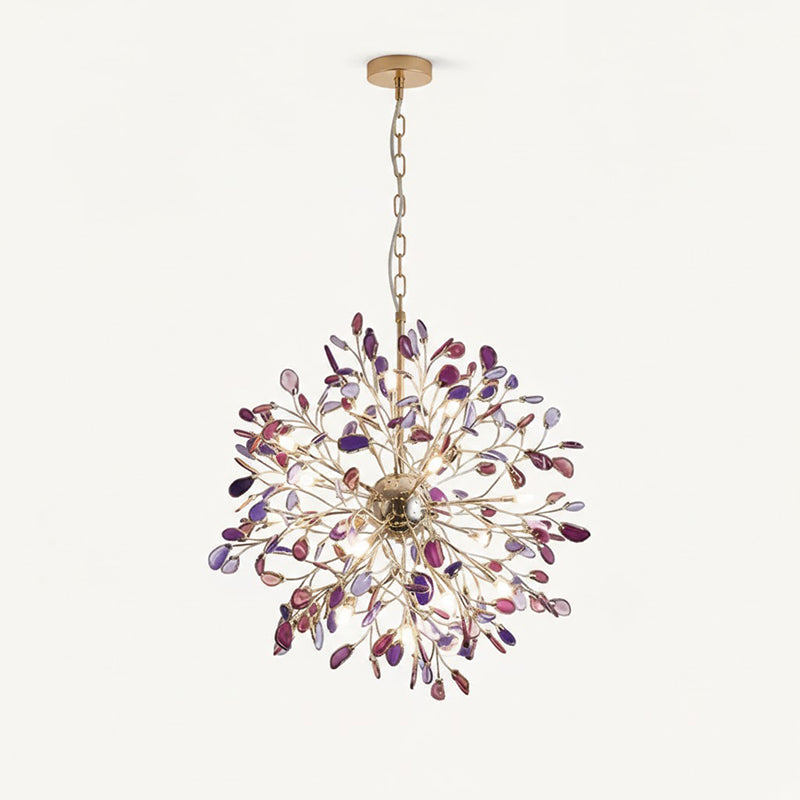 Purple agate Clérachic chandelier hanging from a chain on a cream backdrop, with violet and lilac slices.