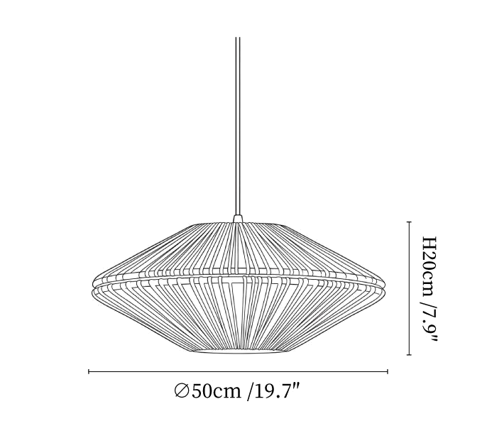 Clérachic pendant light dimension drawing, 2 of 3, every measurement marked in centimetres and inches.
