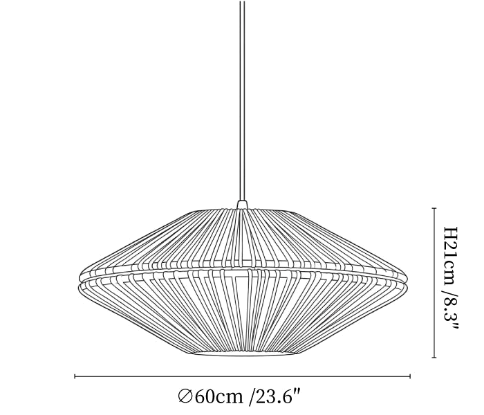 Clérachic pendant light dimension drawing, 3 of 3, every measurement marked in centimetres and inches.