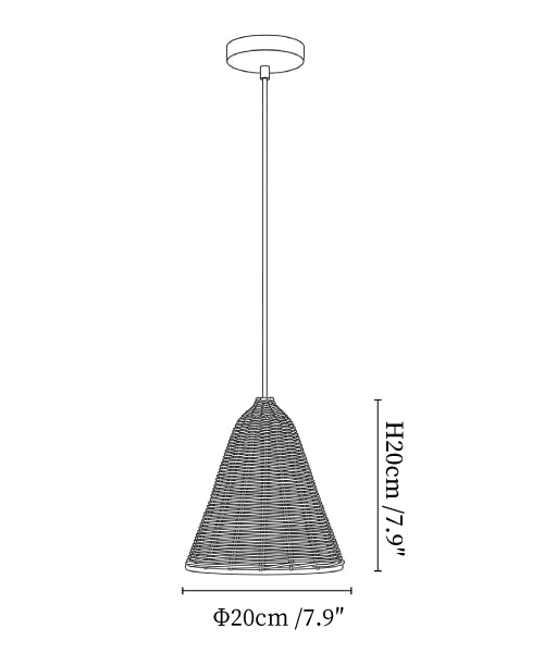 Clérachic pendant light dimension drawing, 1 of 3, every measurement marked in centimetres and inches.