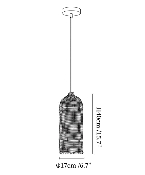 Clérachic pendant light dimension drawing, 2 of 3, every measurement marked in centimetres and inches.
