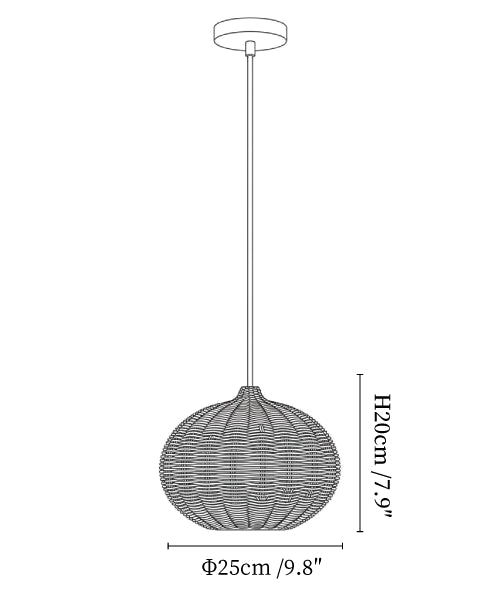 Clérachic pendant light dimension drawing, 3 of 3, every measurement marked in centimetres and inches.