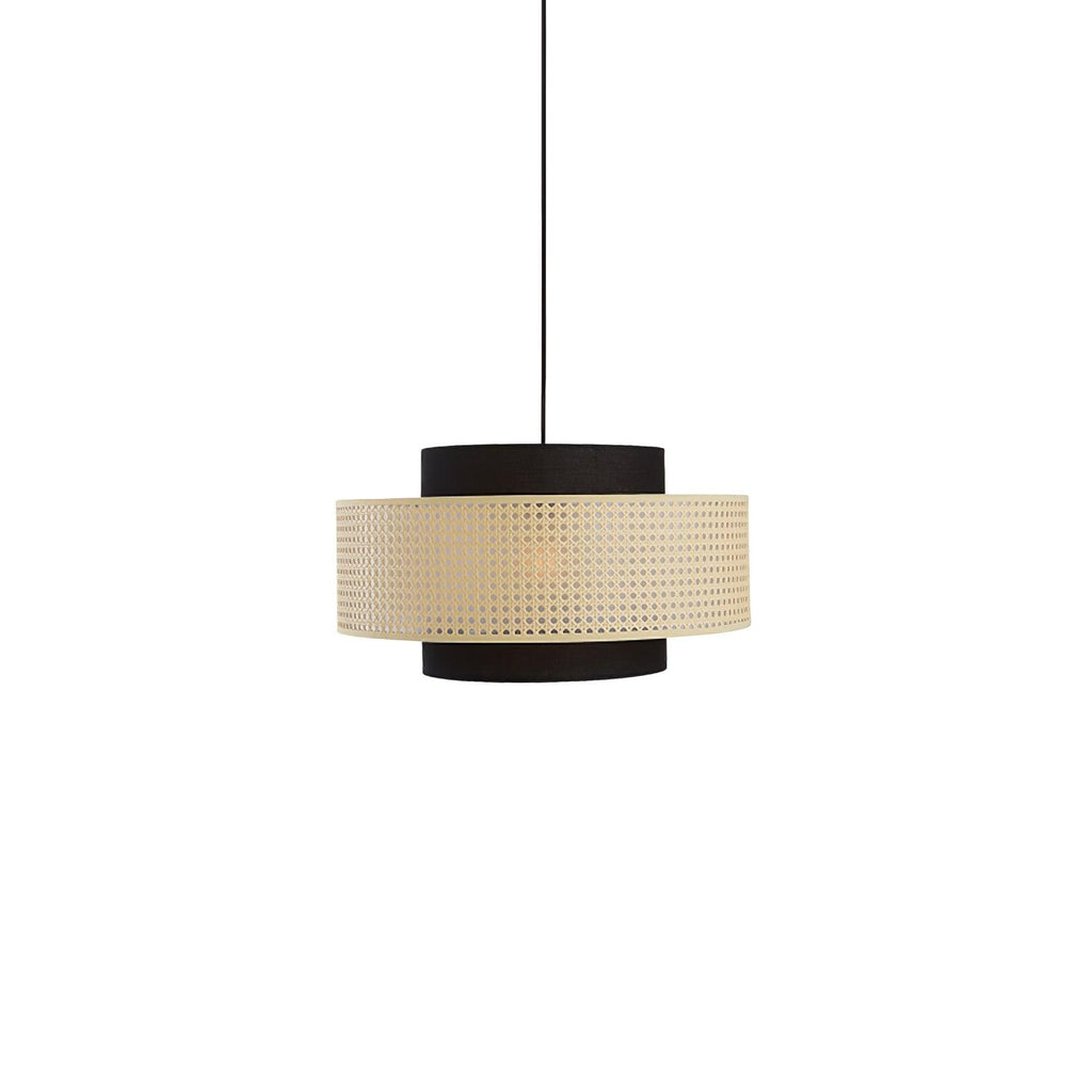 A Clérachic pendant with a natural rattan drum and a black fabric version of the top and base tiers, on a white backdrop.