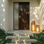 Pair of Clérachic slatted lanterns glowing beside a dark timber front door and stone steps on a sunlit porch.