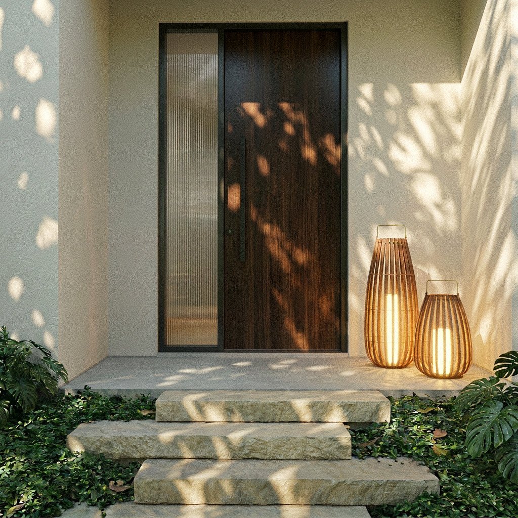 Pair of Clérachic slatted lanterns glowing beside a dark timber front door and stone steps on a sunlit porch.