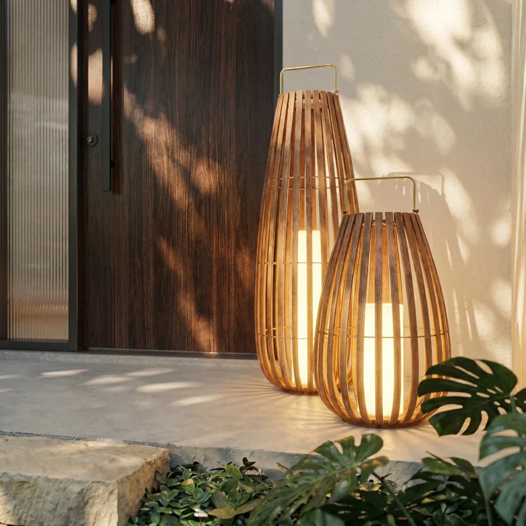 Two Clérachic slatted lanterns, one taller, glowing warmly beside a timber front door among monstera leaves and stone paving.