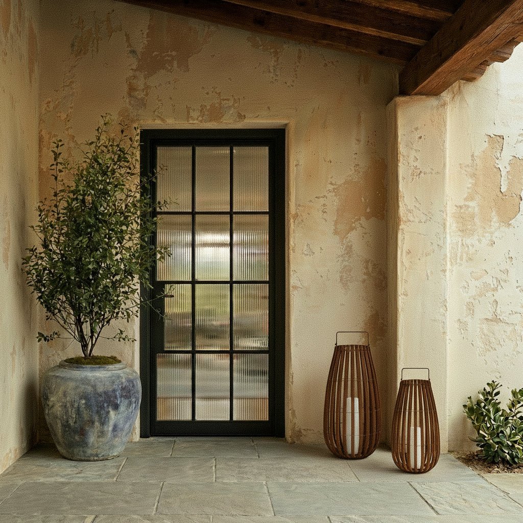 Pair of Clérachic slatted lanterns with pillar candles on a stone porch beside a blue-glazed urn and a glazed iron door.