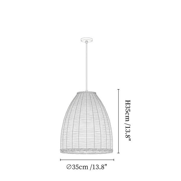 Clérachic pendant light dimension drawing, 1 of 3, every measurement marked in centimetres and inches.