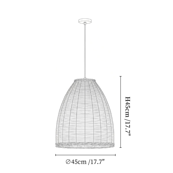 Clérachic pendant light dimension drawing, 2 of 3, every measurement marked in centimetres and inches.