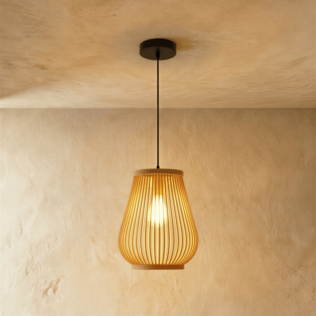 Clérachic slatted teardrop pendant light, larger size, glowing amber on a black cord and canopy against limewashed plaster.