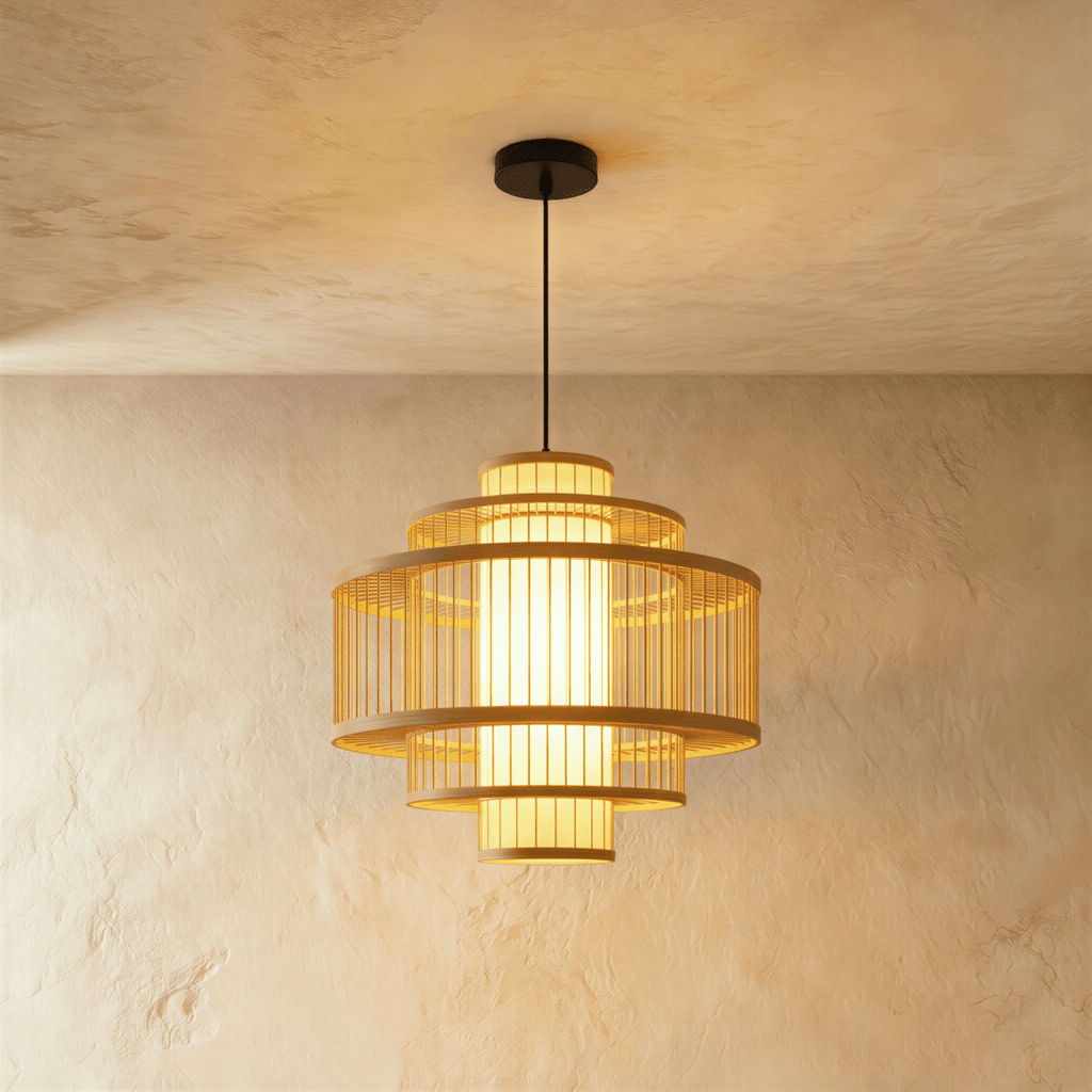 Clérachic tiered slatted drum pendant light with stacked rings around a glowing inner shade, in a smaller size.