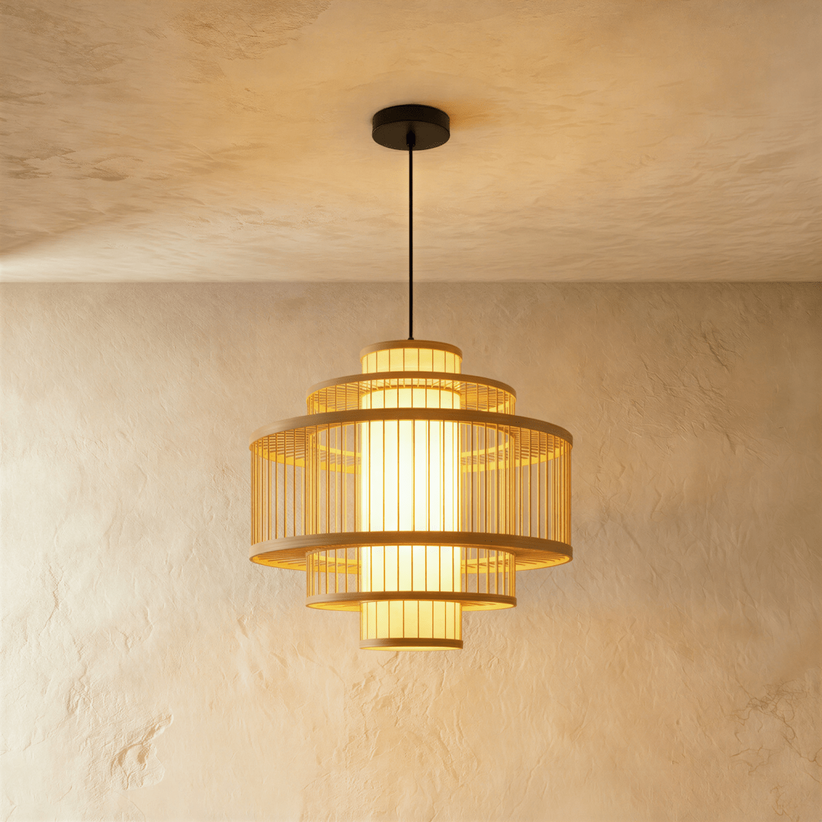 Clérachic tiered slatted drum pendant light with stacked rings around a glowing inner shade, in a smaller size.