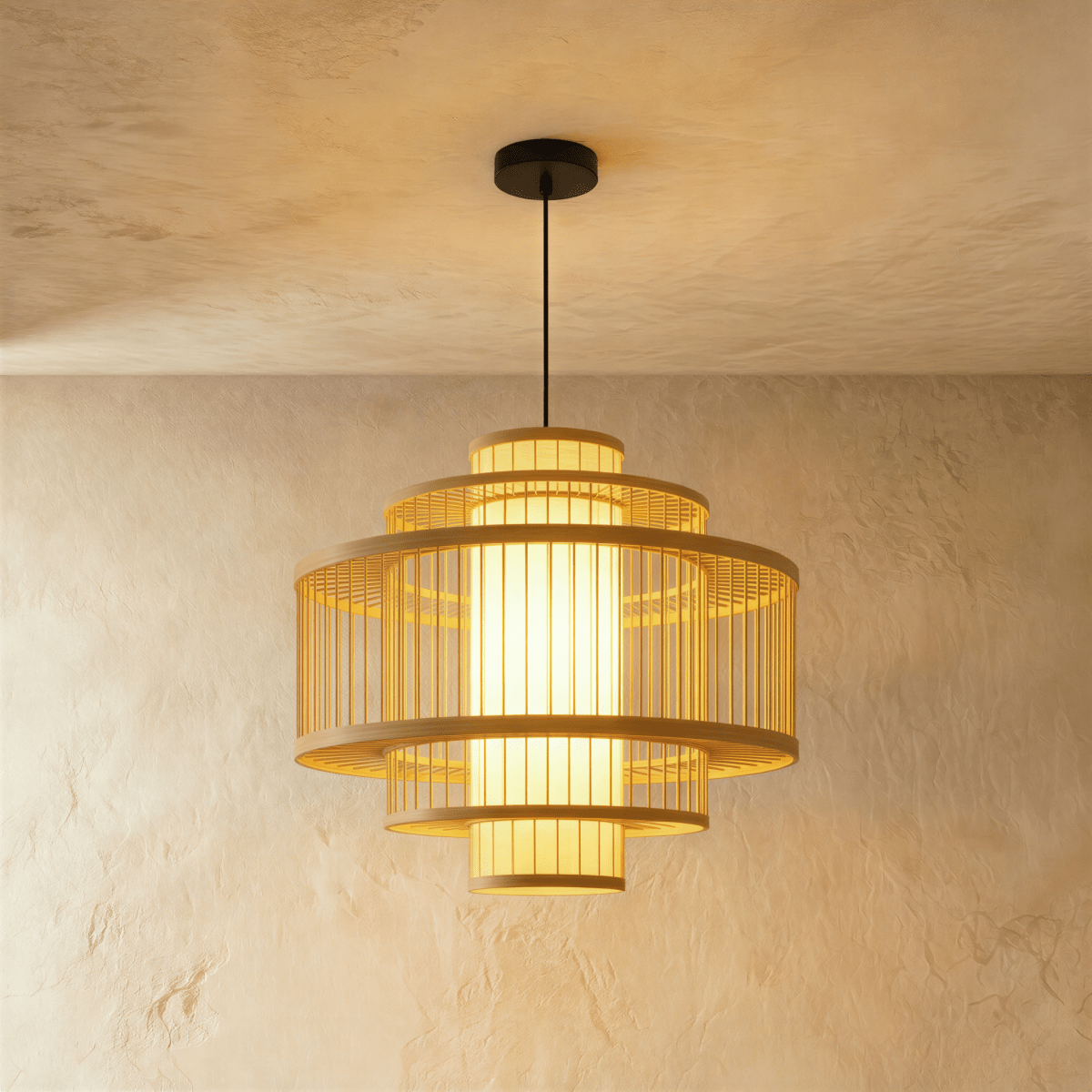 Clérachic mid-size tiered slatted pendant light, stacked wooden rings around a lit cylindrical inner shade.