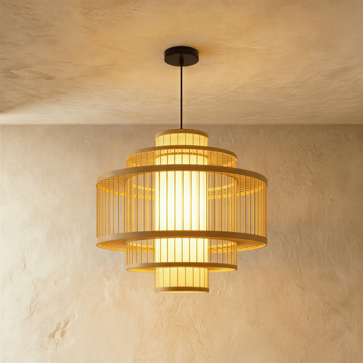 Clérachic large tiered slatted pendant light with stacked wooden rings and a glowing cylindrical core, on a black cord.