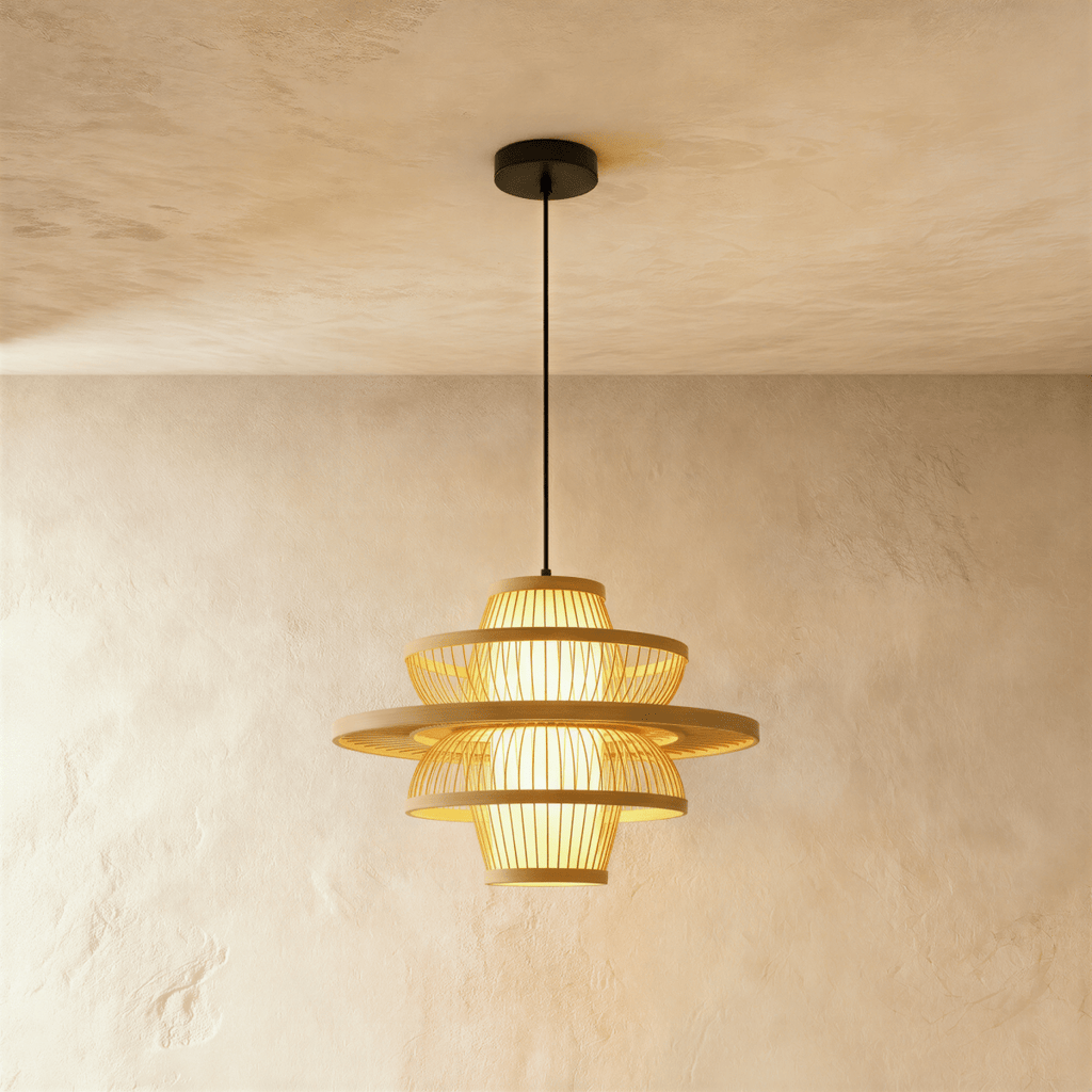 Clérachic layered slatted pendant light with a wide flared disc and lit inner shade, smaller size, on a black cord.