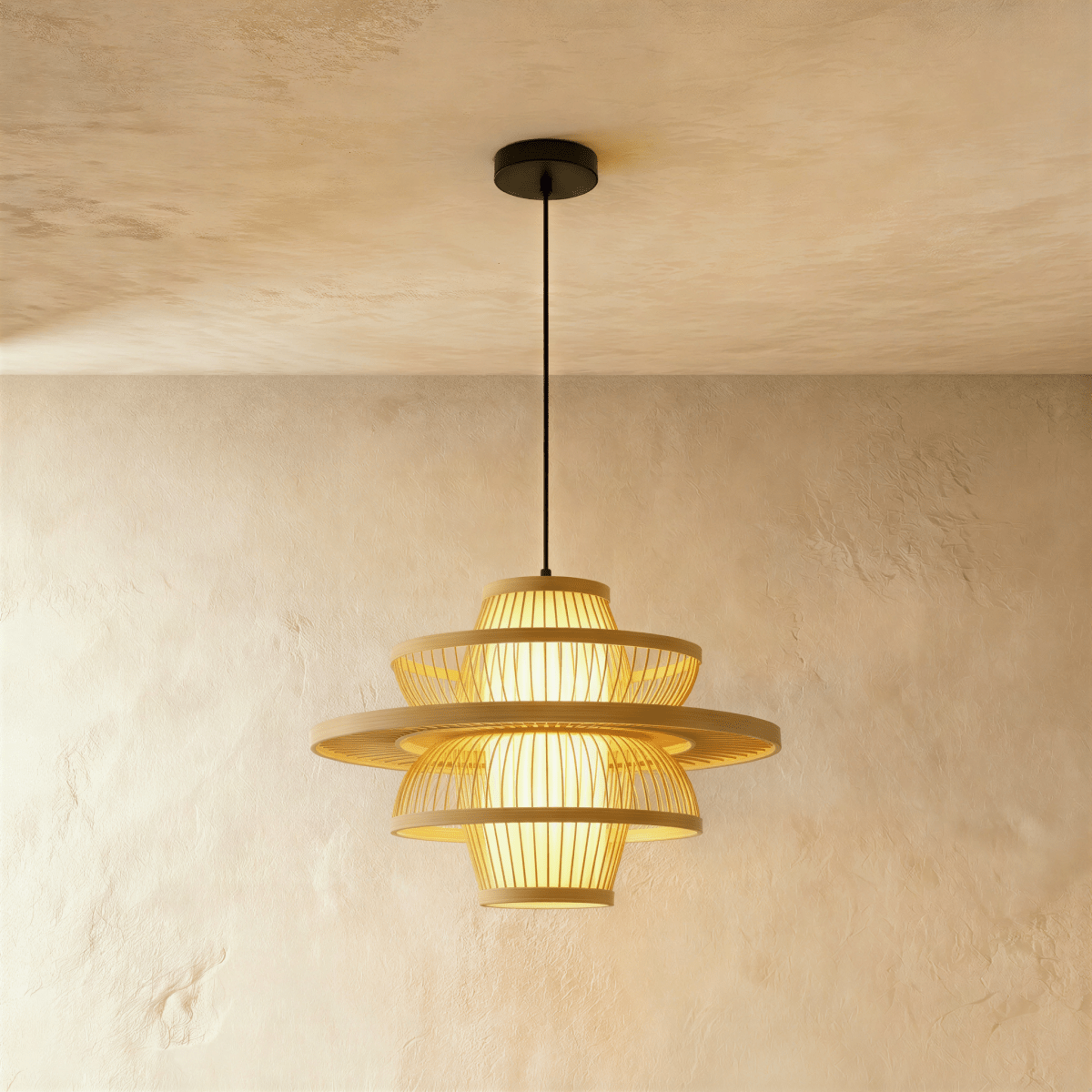 Clérachic mid-size layered slatted pendant light, a broad disc ring between lit upper and lower slatted tiers.