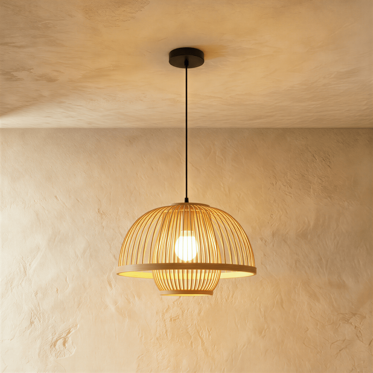 Clérachic slatted dome pendant light with a rim ring and a small lower cage, bare bulb glowing, smaller size.