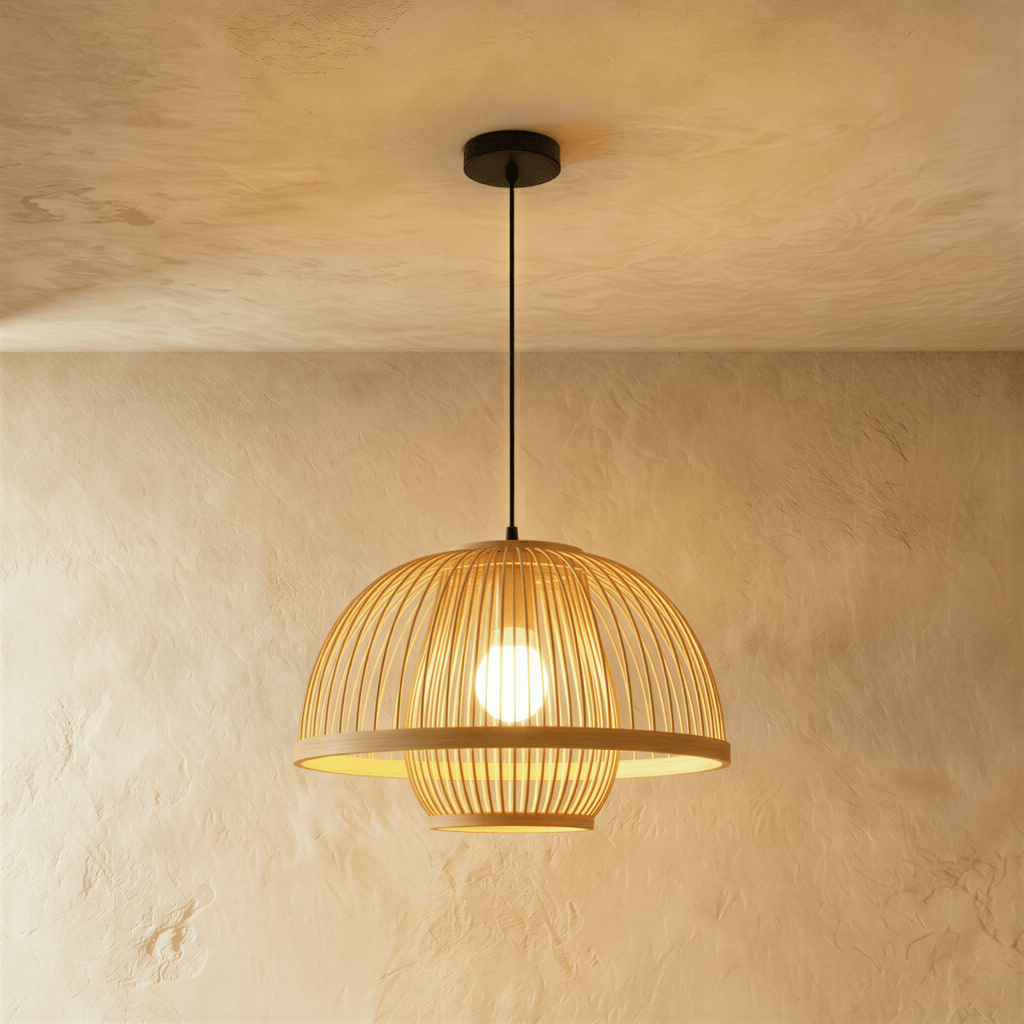Clérachic mid-size slatted dome pendant light with a wide rim ring, a lower cage and a glowing round bulb.