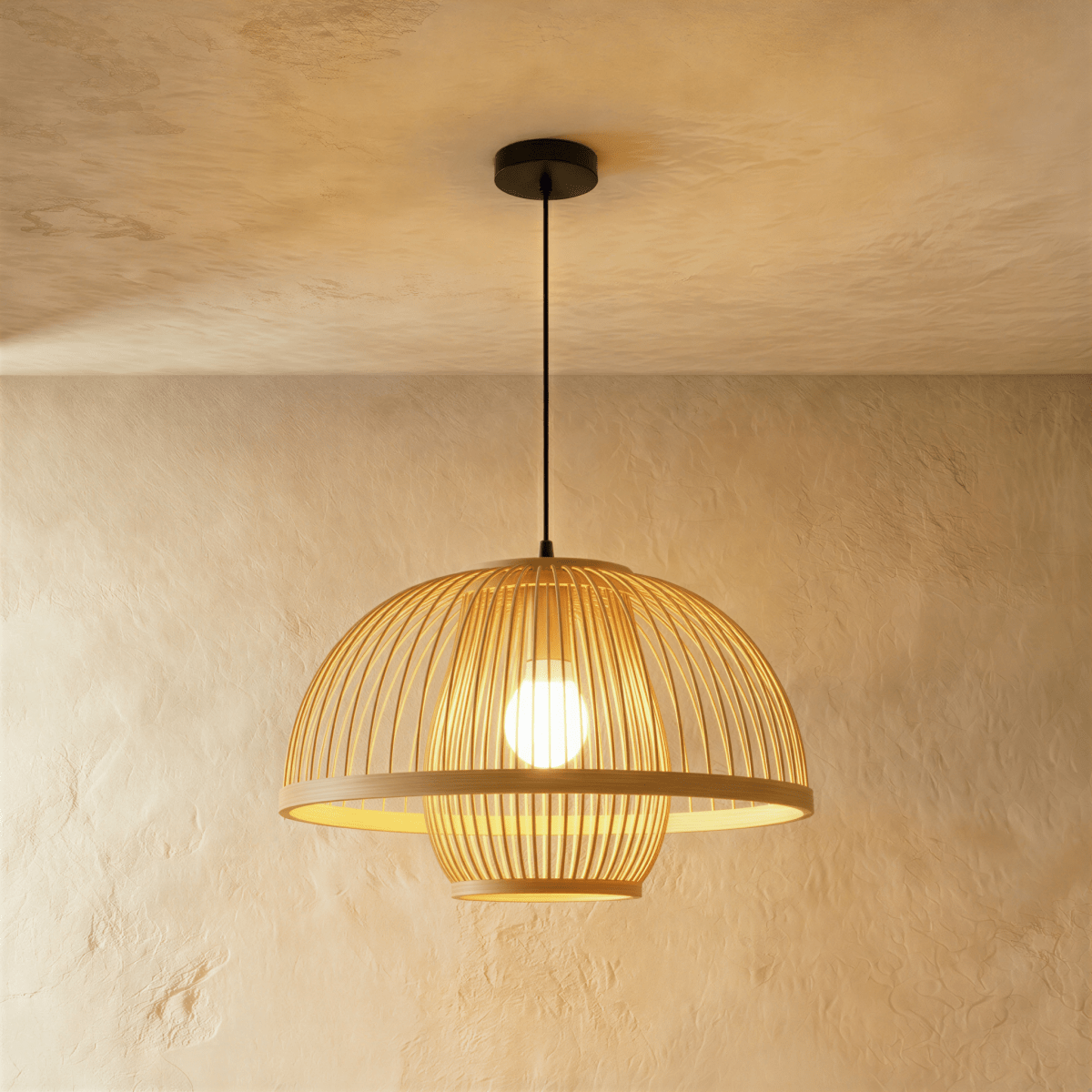 Clérachic large slatted dome pendant light with a broad rim ring and lower cage, bulb glowing, on a black cord.