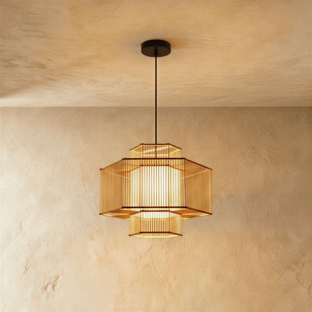 Clérachic hexagonal slatted pendant light with tiered upper and lower sections around a glowing inner shade.