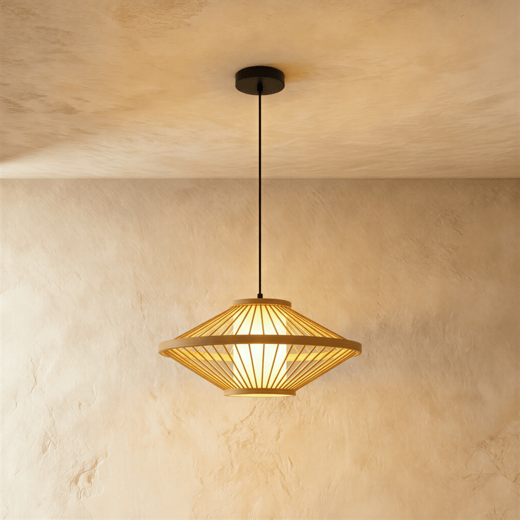 Clérachic small flared slatted pendant light with a wide rim ring around a lit inner shade, on a black cord.