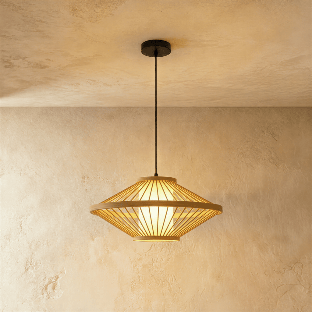 Clérachic flared saucer-shaped slatted pendant light with a central rim ring and a glowing inner shade.