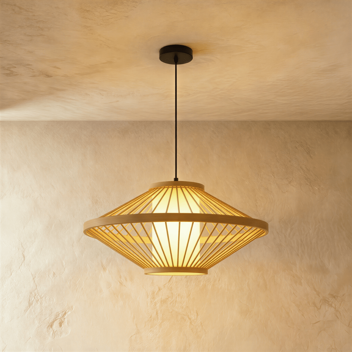 Clérachic largest flared slatted pendant light with a broad rim ring and a bright inner shade on limewashed plaster.