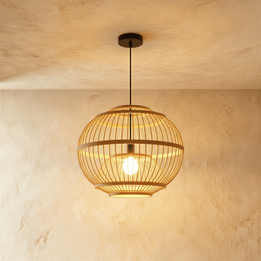 Clérachic round slatted cage pendant light with a banded rim and a bare bulb glowing inside, on a black cord.