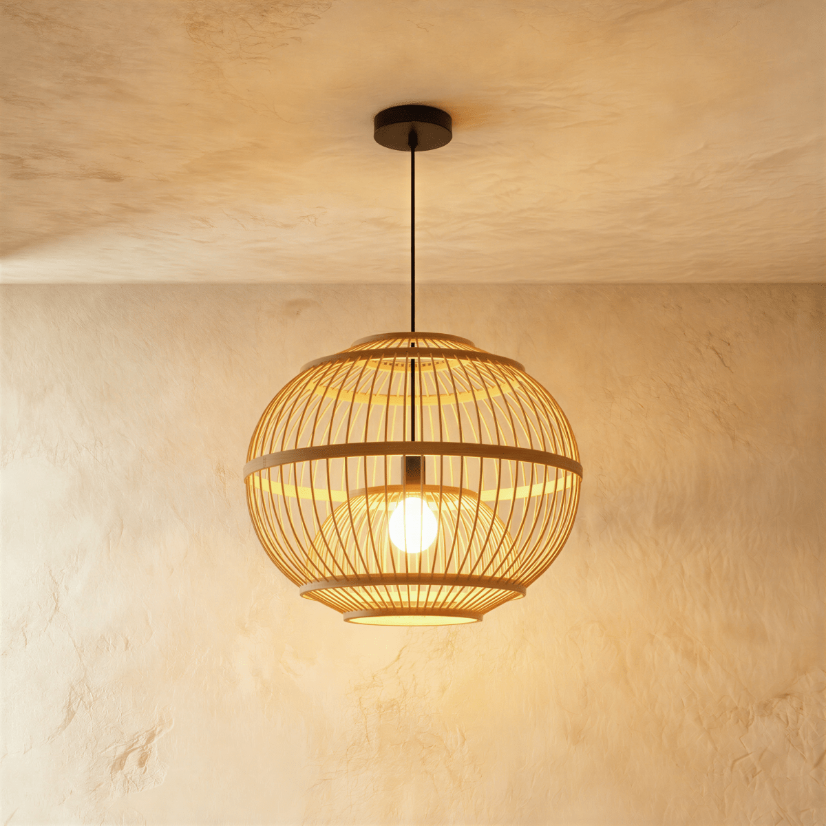 Clérachic round slatted cage pendant light with a banded rim and a bare bulb glowing inside, on a black cord.