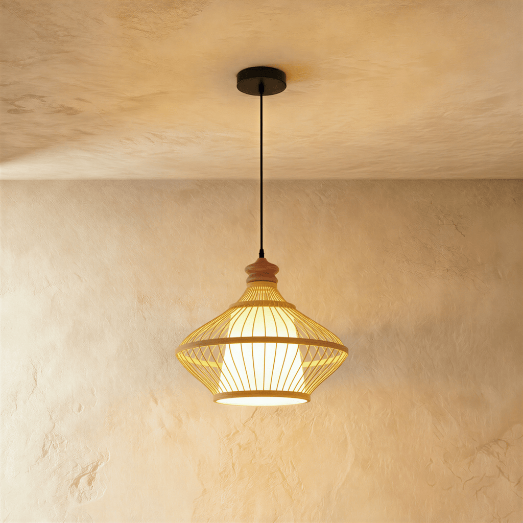 Clérachic slatted pendant light with a turned wooden top and a flared cage around a glowing white inner shade.