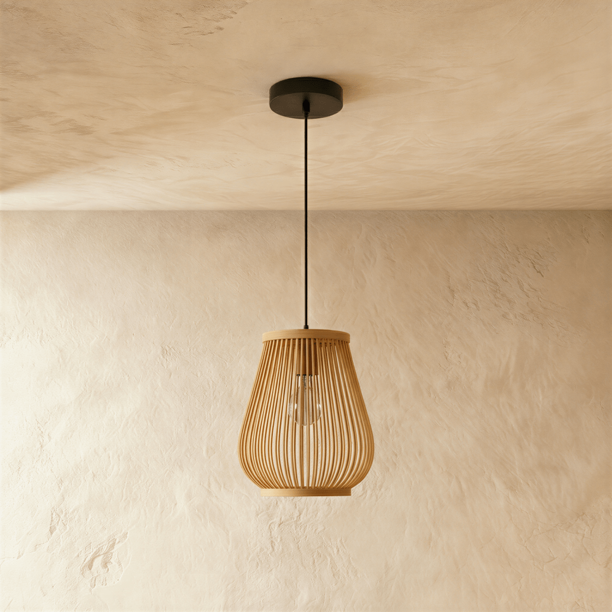 Clérachic slatted teardrop pendant light switched off, natural wood-toned strips and an exposed filament bulb inside.