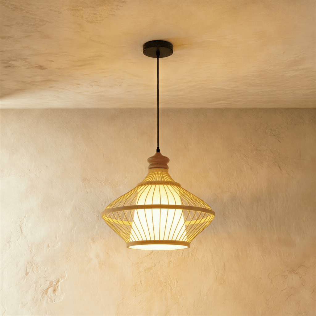 Clérachic taller slatted pendant light with a turned wooden top and flared cage over a glowing white inner shade.