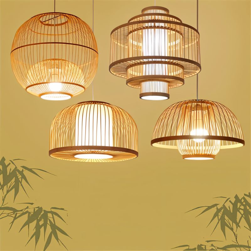 Clérachic slatted pendant lights in four shapes together on a green backdrop: round cage, tiered drum, dome and flared dome.