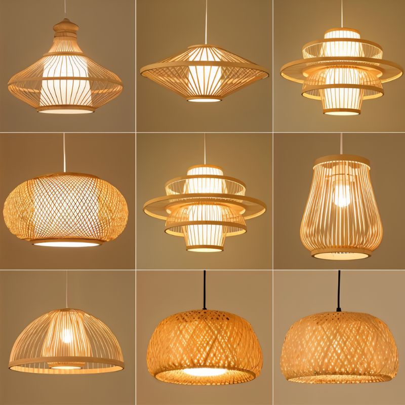 Clérachic grid of nine slatted and woven pendant lights in different shapes, from lantern and disc to domes.