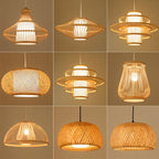 Clérachic grid of nine slatted and woven pendant lights in different shapes, from lantern and disc to domes.