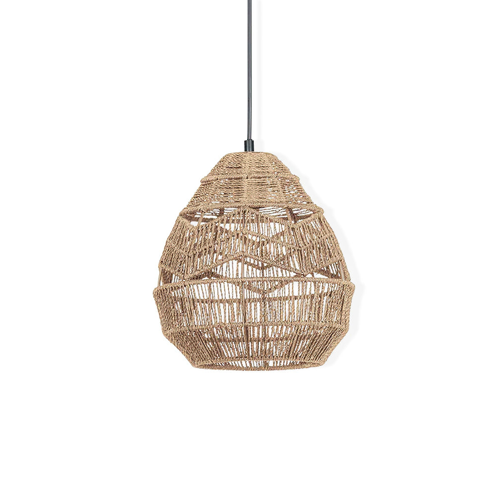 Natural rattan teardrop pendant from Clérachic with a layered zigzag weave, on a white background.