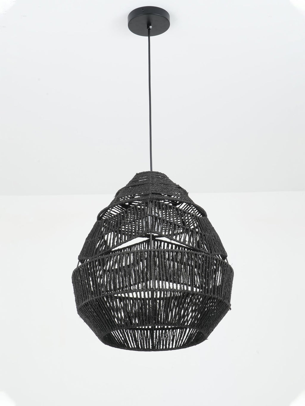 Black Clérachic woven teardrop pendant with a round black canopy, seen unlit against a white backdrop.