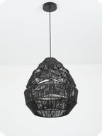 Black Clérachic woven teardrop pendant with a round black canopy, seen unlit against a white backdrop.