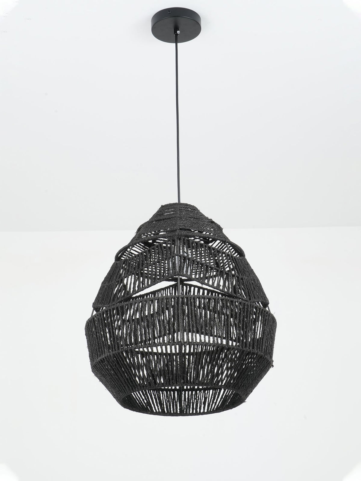Black Clérachic woven teardrop pendant with a round black canopy, seen unlit against a white backdrop.