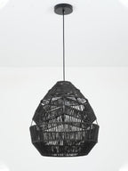 Black Clérachic pendant on a slim black cord, showing the stepped rope bands of the shade from a low angle.