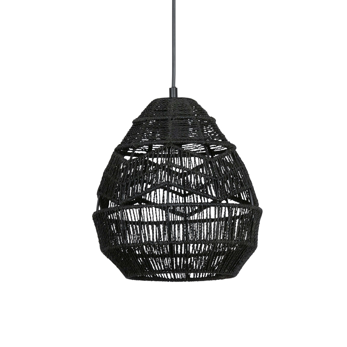 Black woven Clérachic teardrop pendant on a black cord, shown on a plain white background.