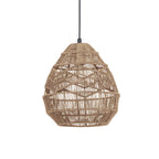 Large natural rattan Clérachic pendant with a zigzag weave, on a black cord against white.