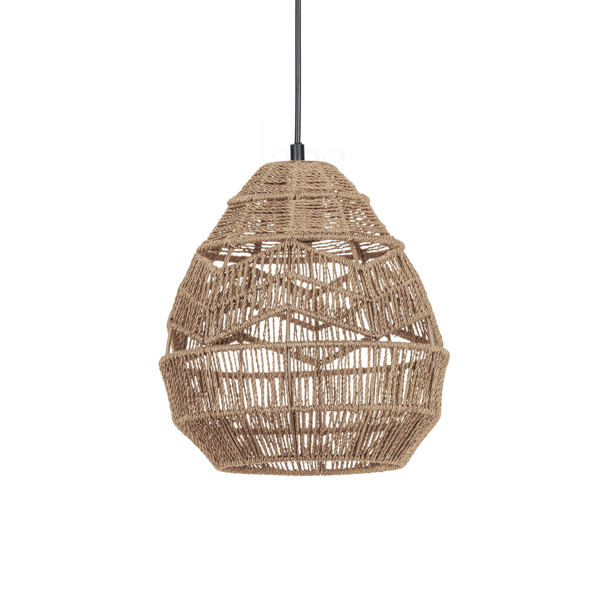 Large natural rattan Clérachic pendant with a zigzag weave, on a black cord against white.