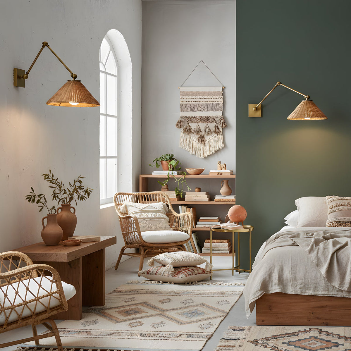 In a bedroom with a green accent wall, two Clérachic rattan-shaded wall lights on gold arms sit beside an arched window and woven decor.
