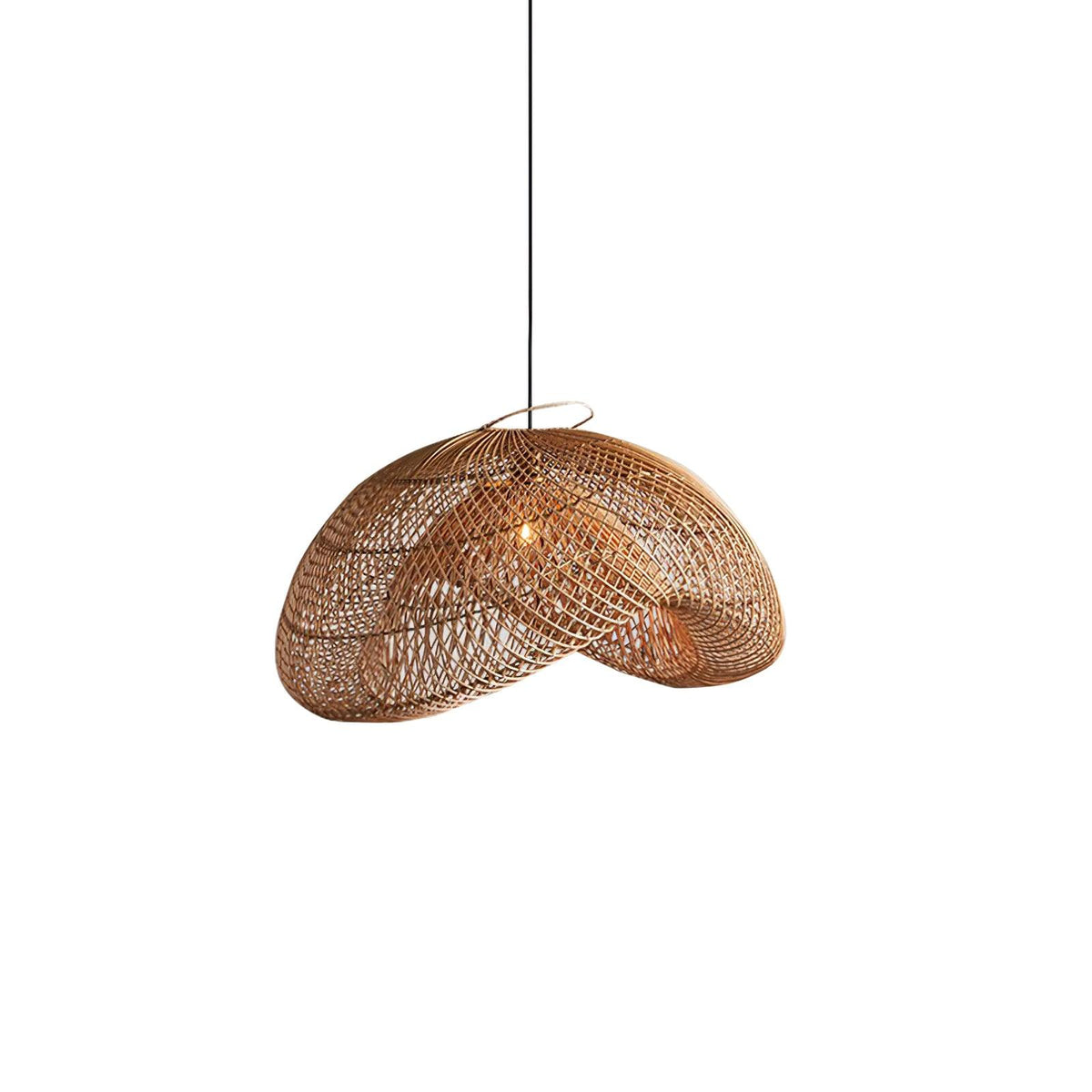 Small view of this Clérachic rattan pendant on white, lit from within, with its woven shade tilted to one side on a thin black cord.