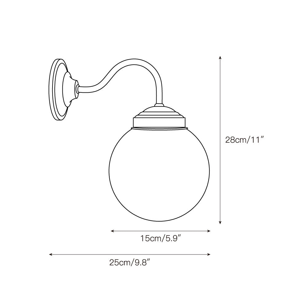 Dimension drawing of the Clérachic wall light, marked 28 cm / 11 in high, 25 cm / 9.8 in wide and 15 cm / 5.9 in deep.