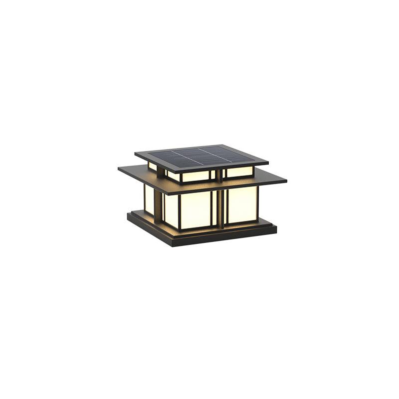 The Clérachic Ray pillar light seen from the side, twin eaves shading the glass box.