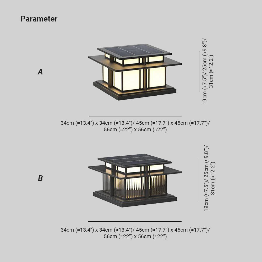 Size chart for the Clérachic Ray pillar light: 34cm, 45cm and 56cm square, 31cm tall.