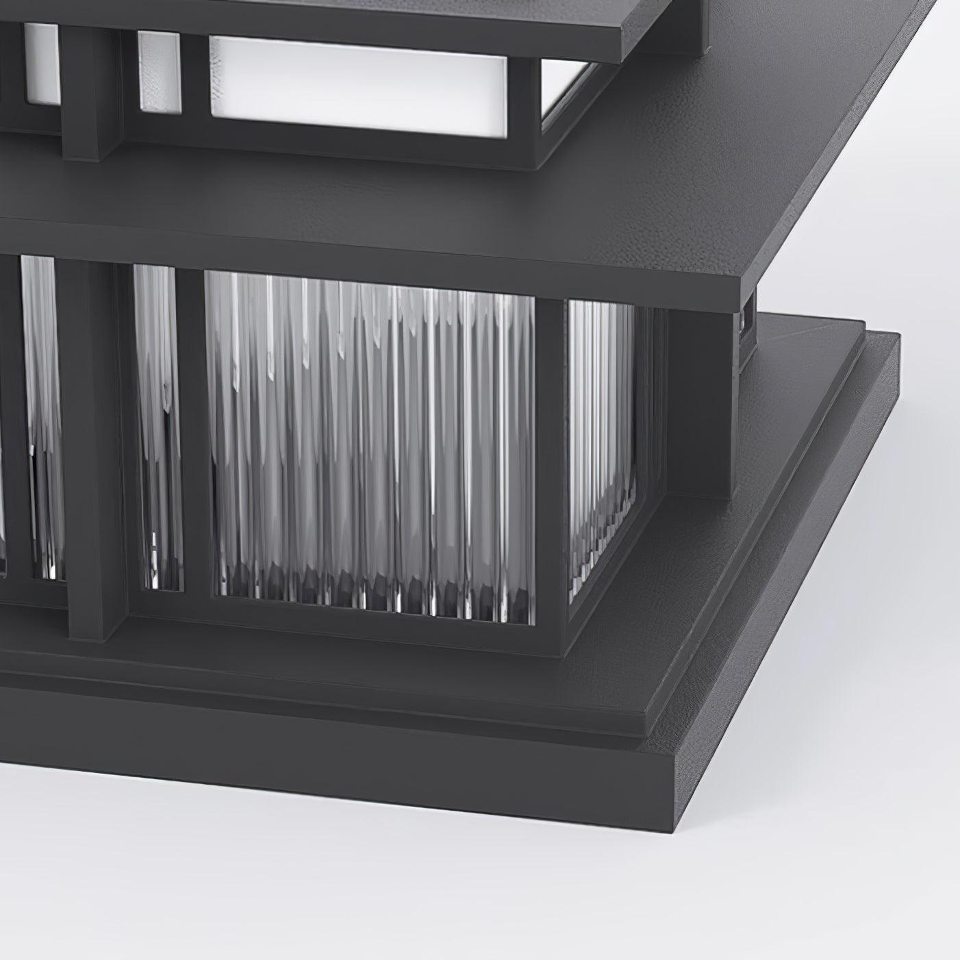 Close view of the Clérachic Ray lantern corner, fluted glass rods behind the black frame.